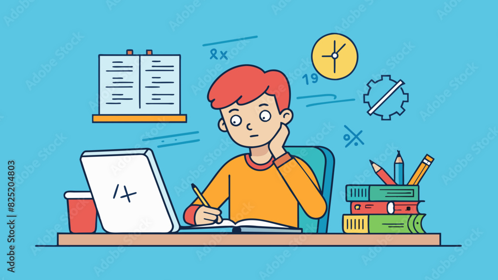 Poster A student sits at their desk staring at a math exam and trying to solve a difficult equation erasing and rewriting their work multiple times in an. Cartoon Vector.