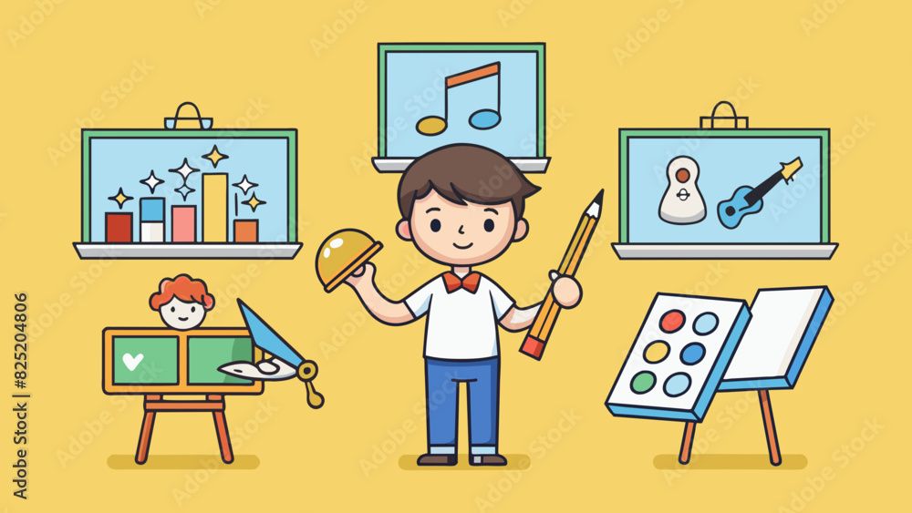 Poster A student is faced with the decision of which elective class to take. They are interested in both art and music so they carefully weigh their options.. Cartoon Vector.