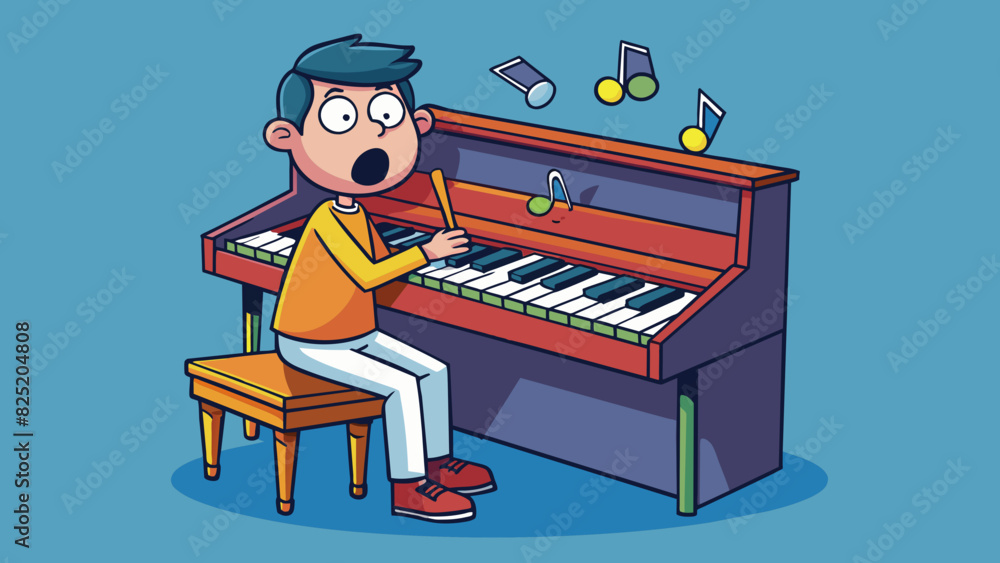 Poster A student practicing a difficult piano piece continuing despite making mistakes and struggling with certain sections.. Cartoon Vector.