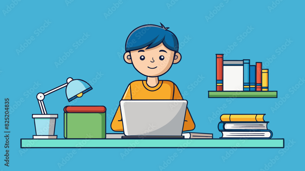 Poster a student sitting at a desk surrounded by textbooks notebooks and a laptop engrossed in their studie