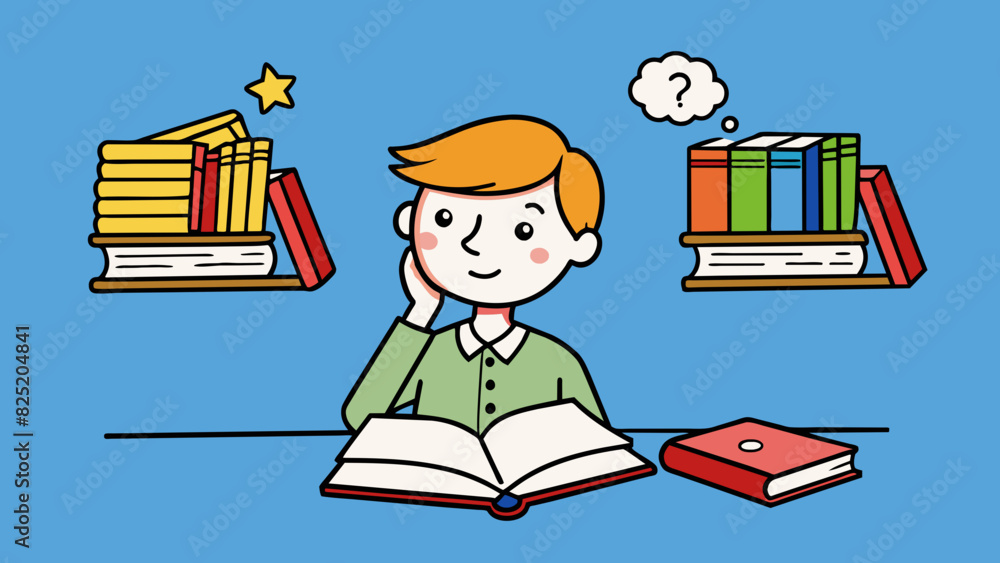 Poster A student at the library looking at two books one written by a wellknown author and the other by a lesserknown author. They must decide between. Cartoon Vector.