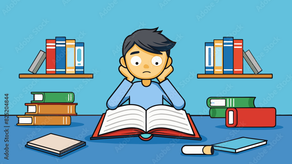 Poster A student sitting in a library surrounded by open textbooks and notes with a look of concern on their face.. Cartoon Vector.