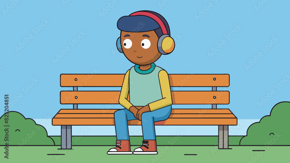 Poster a student sitting on a bench headphones on staring off into the distance as they listen to music and