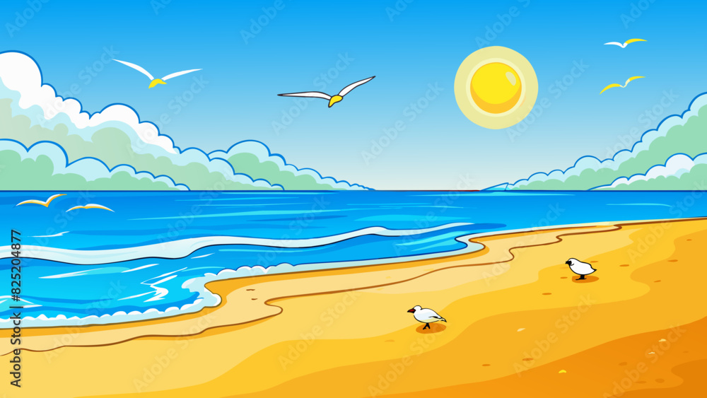 Poster a sundrenched beach with soft golden sand stretching as far as the eye can see. the crystal clear wa