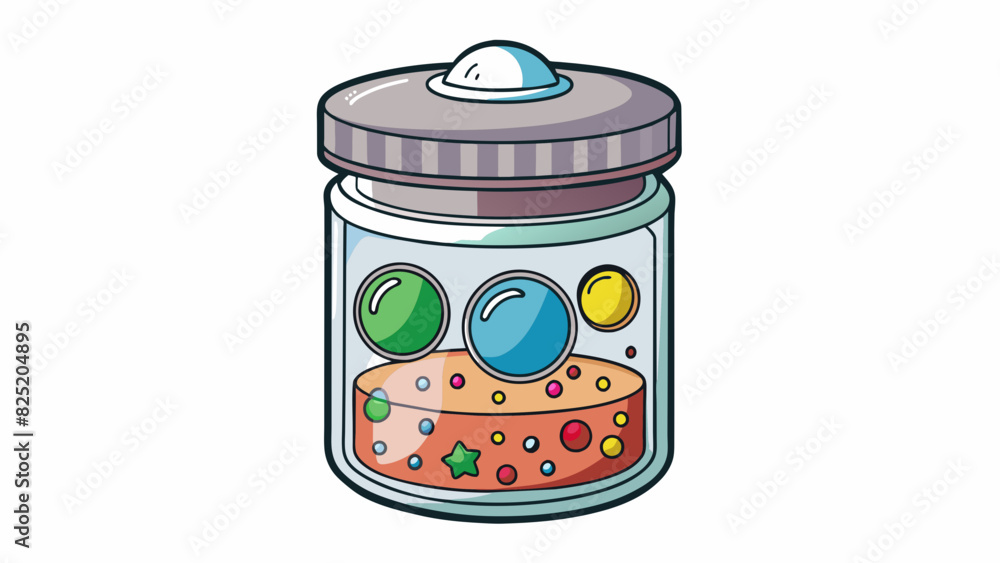 Poster A sy cylindrical container made of glass with a metal lid. Inside there are colorful round objects that emit a pleasant scent when lit. The bottom of. Cartoon Vector.
