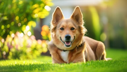 Portrait of dog in the grass. Dog lying in the garden, smile and happy