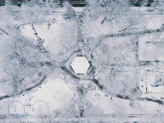 Snow-covered Park from Above with gazebo in the center