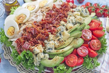 Cobb salad with greens, tomato, avocado, blue cheese, bacon, rotisserie chicken and eggs, horizontal