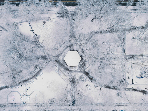 Snow-covered Park from Above with gazebo in the center