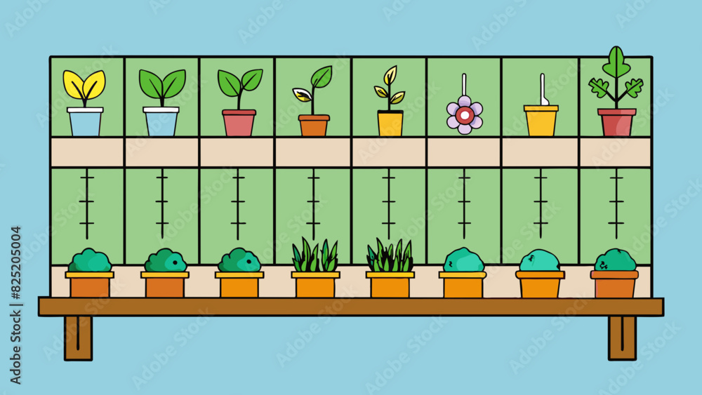 Poster A table displaying the measurements and characteristics of different plants in a garden including the plants height average number of leaves and. Cartoon Vector.