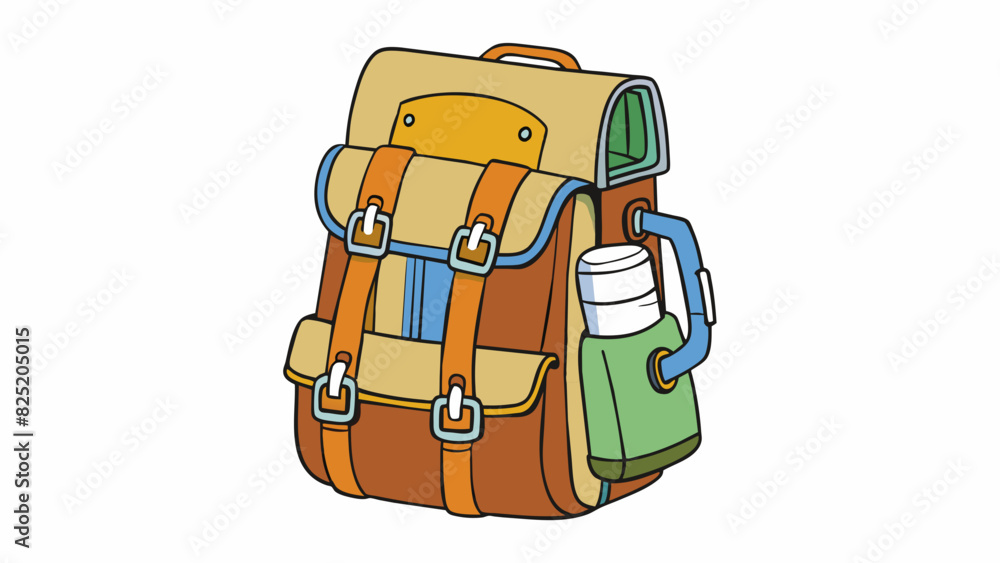 Poster A sy wellused backpack with multiple pockets and ss ideal for long hikes or camping trips.. Cartoon Vector.