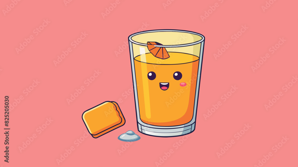 Poster a tablet dissolved in a glass of orange juice causing the liquid to change from orange to a light pi