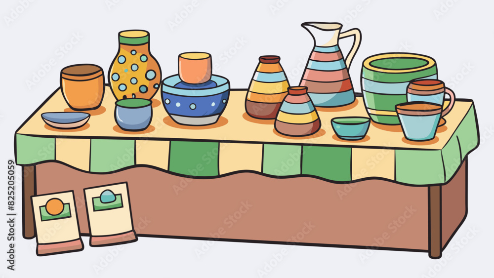 Poster A table at a craft fair with handcrafted pottery pieces displayed on it. The pieces are unique in design and have different colors and patterns. The. Cartoon Vector.