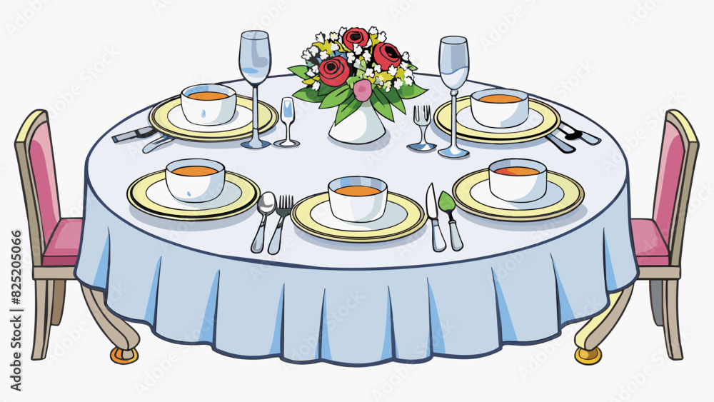 Poster A table setting for a formal dinner with matching china and silverware carefully arranged on top of crisp white linens. Each place setting has a small. Cartoon Vector.