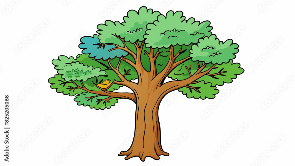 Poster a tall and sy oak tree with thick spreading branches and vibrant green leaves. the bark is rough and