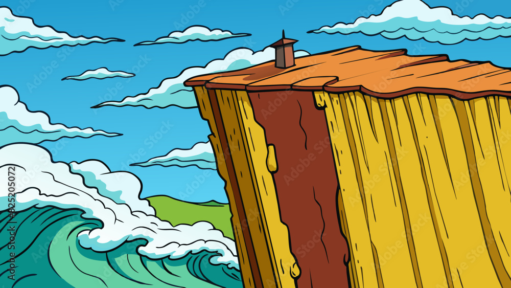 Poster A tall cliff with a vertical edge towering above the crashing waves below.. Cartoon Vector.