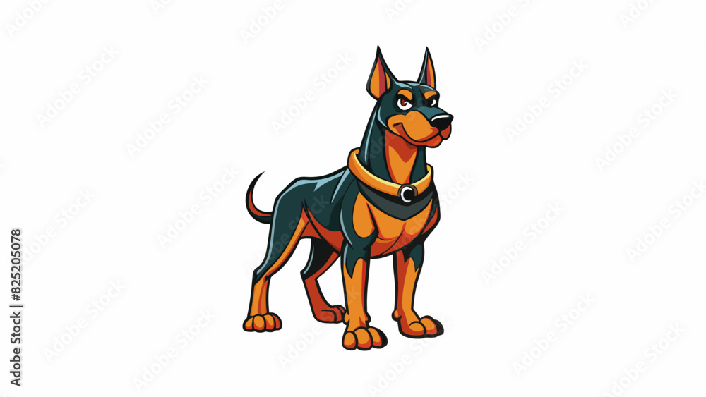 Poster a tall and muscular dog with a sleek coat of shiny black fur. its alert ears stand tall atop its hea