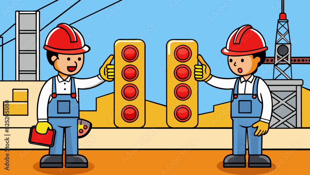 Aufkleber At a construction site workers use walkietalkies to communicate with each other. The device has a large red button for pressing to talk and a sy clip. Cartoon Vector.