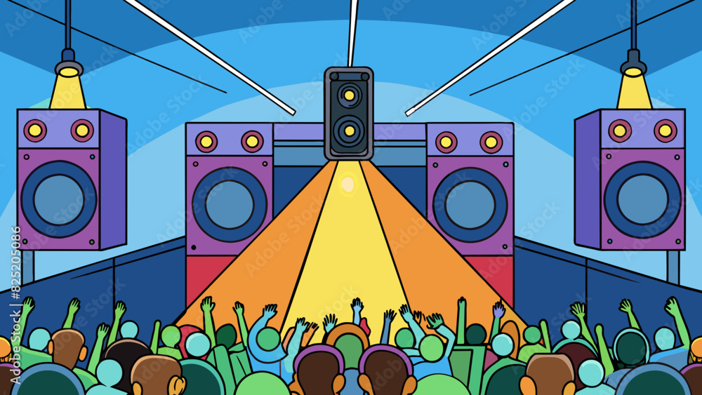 Poster at a concert speakers line the stage producing loud and vibrant music that fills the crowded arena. 