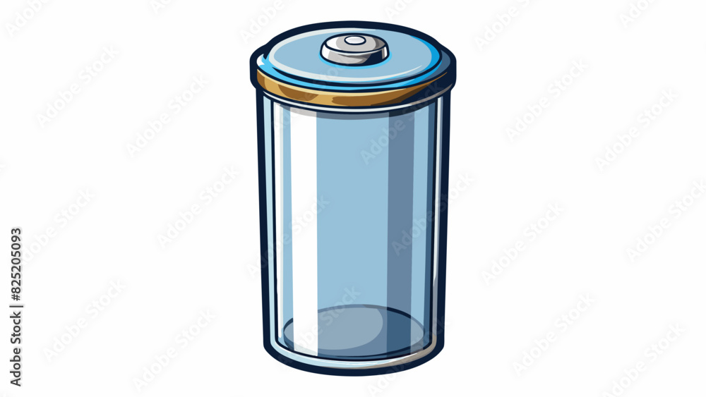 Poster A tall cylindrical container made of glass with a shiny metallic lid used for storing and drinking beverages.. Cartoon Vector.