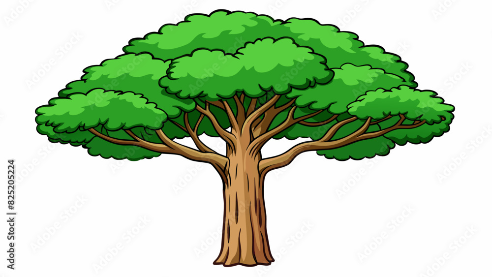 Aufkleber a tall leafy tree with thick gnarled bark and a canopy of vibrant green foliage. the trunk is sy and