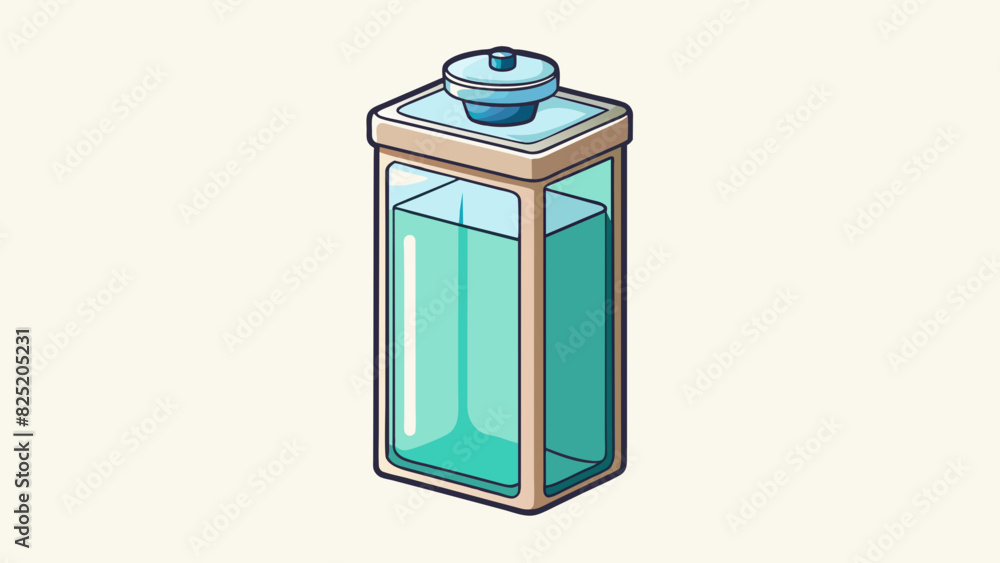 Poster A tall rectangular object made of glass with a clear liquid inside and a metal lid on top.. Cartoon Vector.