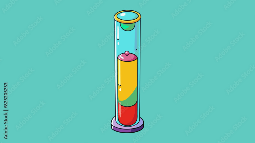 Poster A tall narrow object that is made of glass and has a pointed top. It is filled with colorful liquid and has a small opening at the bottom.. Cartoon Vector.
