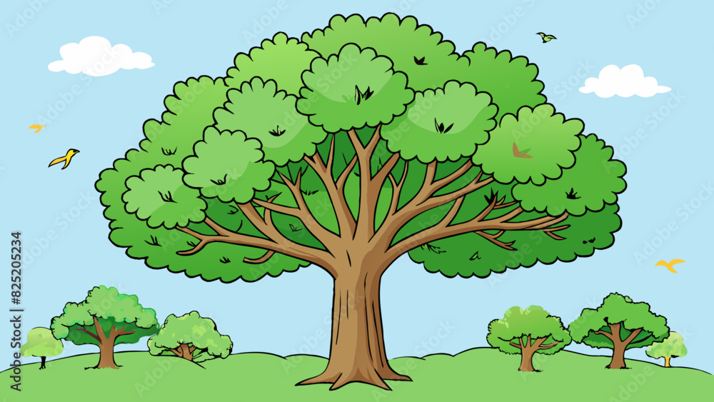 Poster A tall leafy tree stands in the middle of a garden. Its trunk is thick and rough supporting a canopy of large green leaves that provide ample shade.. Cartoon Vector.