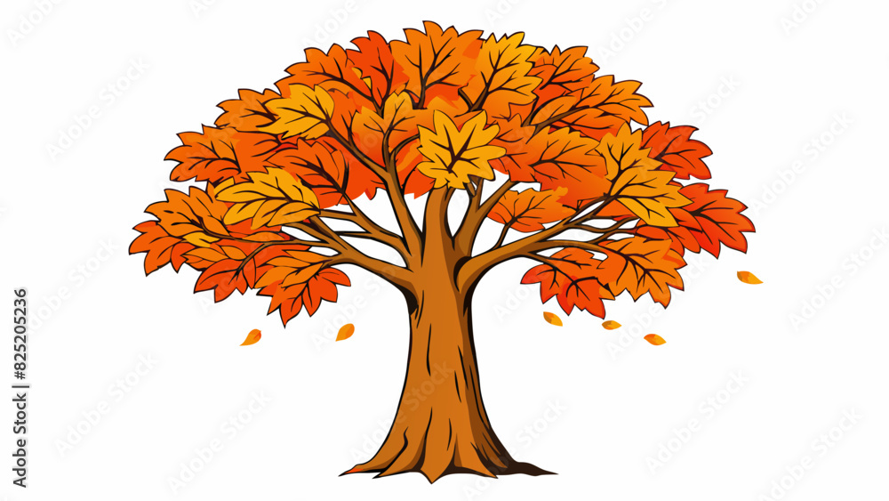 Poster a tall leafy tree with vibrant orange and red autumn leaves. its trunk is thick and sy and its branc