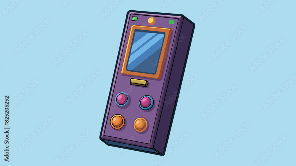 Poster A tall rectangular object made of sy darkcolored material. It has a series of buttons and s on one side and a screen on the other. When switched on. Cartoon Vector.