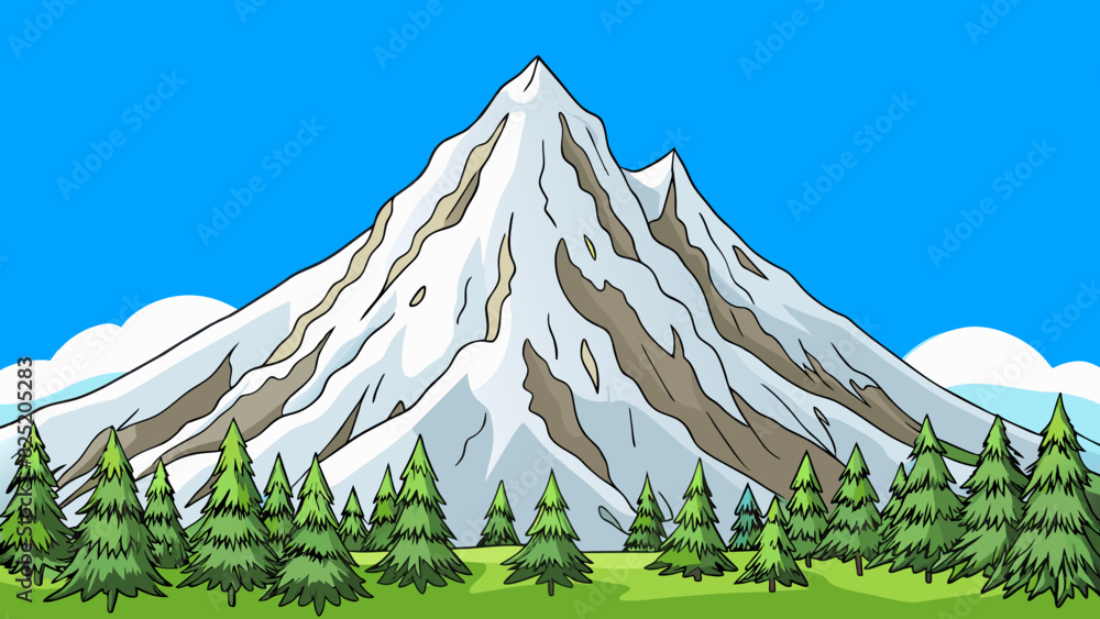 Poster a tall snowcapped mountain peak standing majestically against a clear blue sky. its rocky sides are 