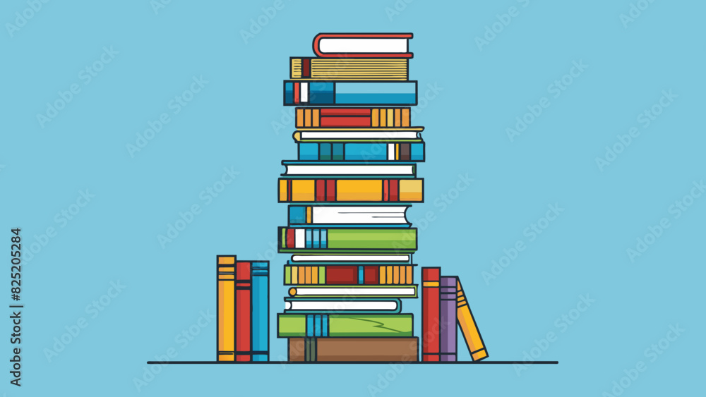 Poster A tall stack of books on a bookshelf reaching almost to the ceiling can be described as much literature.. Cartoon Vector.