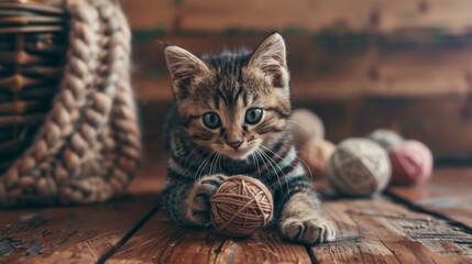Cute Kitten Playing With Yarn Balls