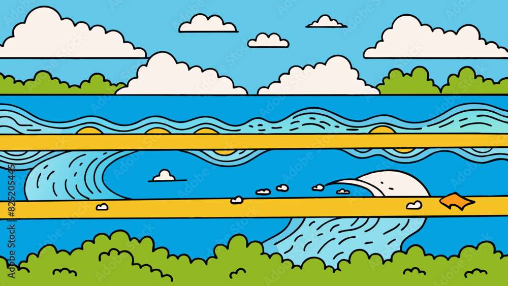 Poster A thick bold line drawn horizontally across a canvas dividing the sky from the sea in a seascape painting.. Cartoon Vector.