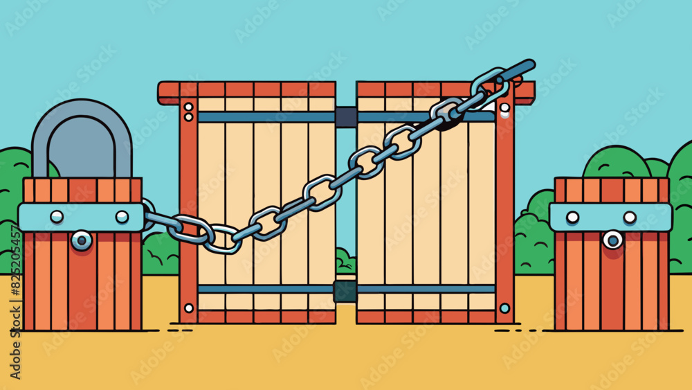 Poster A thick chain and lock securing a gate restricts access and adds an extra layer of protection to a property.. Cartoon Vector.