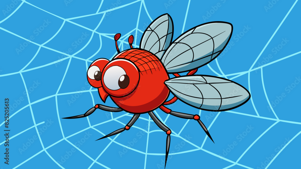 Poster a tiny redeyed fly with transparent wings delicately landing on a spiders web.. cartoon vector.