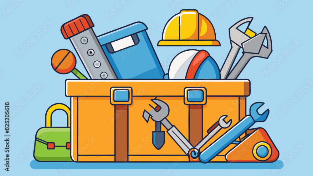 Aufkleber A toolbox filled with various tools and a hard hat represent a career in construction. The tools symbolize the practical skills and problemsolving. Cartoon Vector.