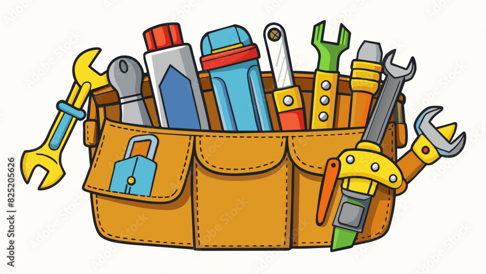 Poster a tool belt filled with various tools ready to fix any problem. cartoon vector.