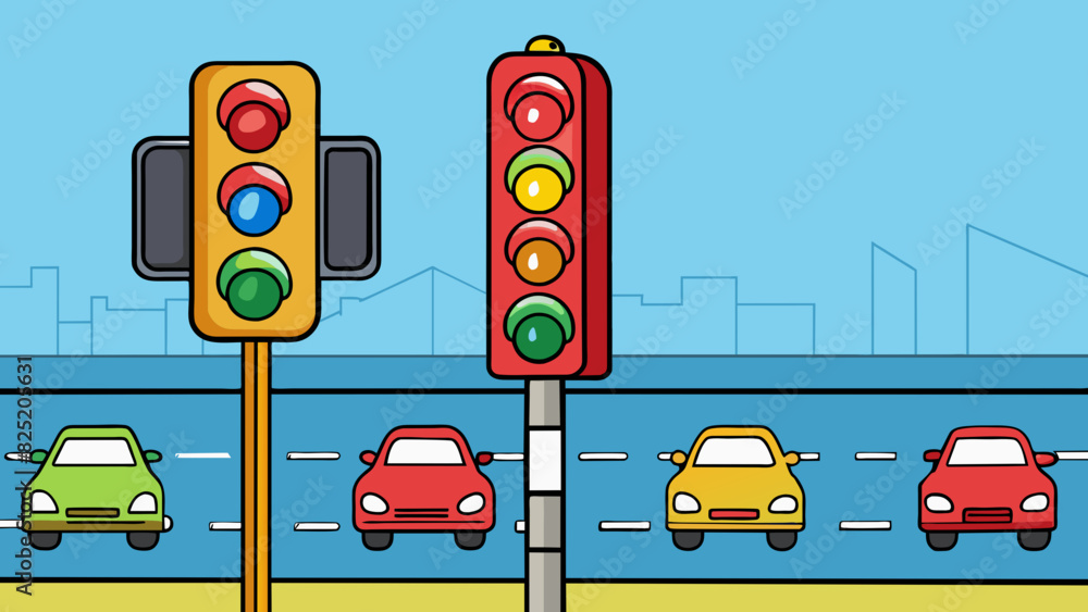 Poster a traffic light with a red light illuminated indicating a stop. the cars are lined up behind it wait