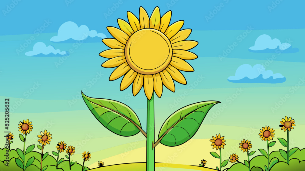 Poster a towering sunflower with a sy stem and vibrant yellow petals growing tall and strong in a garden. i