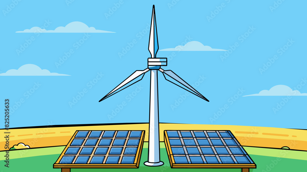 Poster a towering wind turbine stands tall against the horizon its large blades rotating gracefully with th
