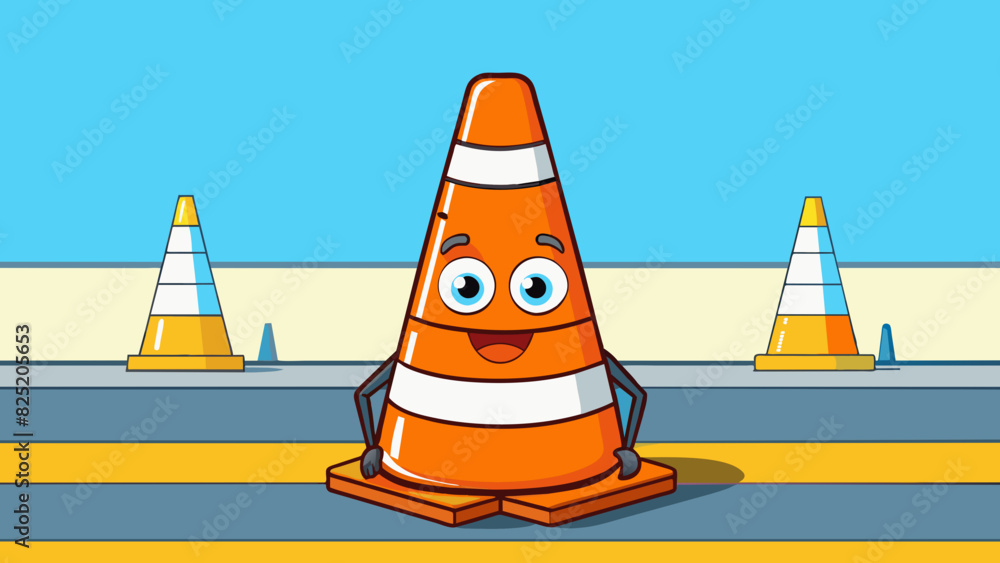 Poster a traffic cone standing tall in the middle of a street its bright orange color and reflective strips