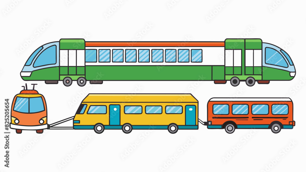 Poster a transportation system includes buses trains and subway cars. the buses have four wheels doors for 