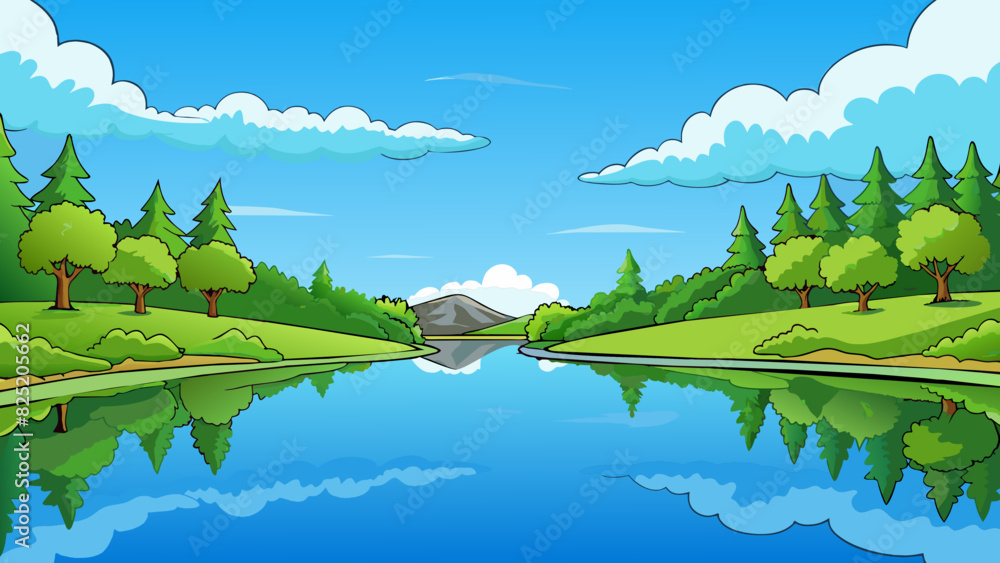 Poster A tranquil lake reflecting the blue skies and surrounded by lush green trees with not a single ripple in sight.. Cartoon Vector.