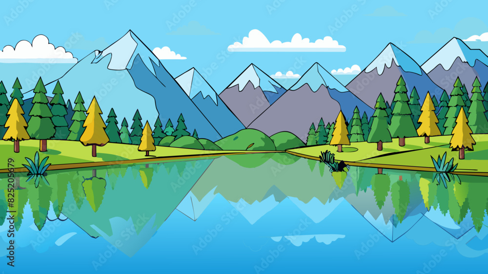 Poster A tranquil lake its calm surface reflecting the surrounding trees and mountains appearing like a mirror.. Cartoon Vector.