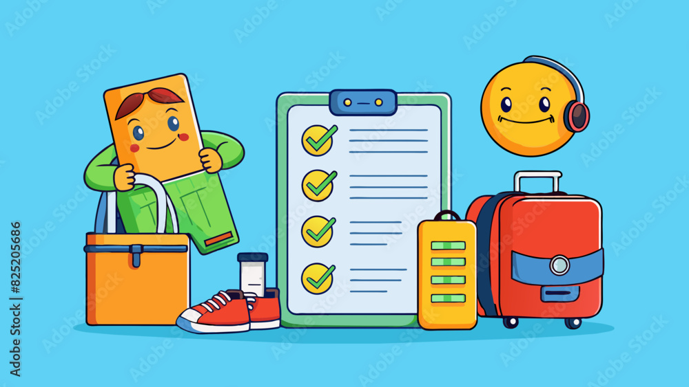 Poster A travel packing list with emojis next to each item indicating whether it is clothing ries or electronics. This list is characterized by its visual. Cartoon Vector.