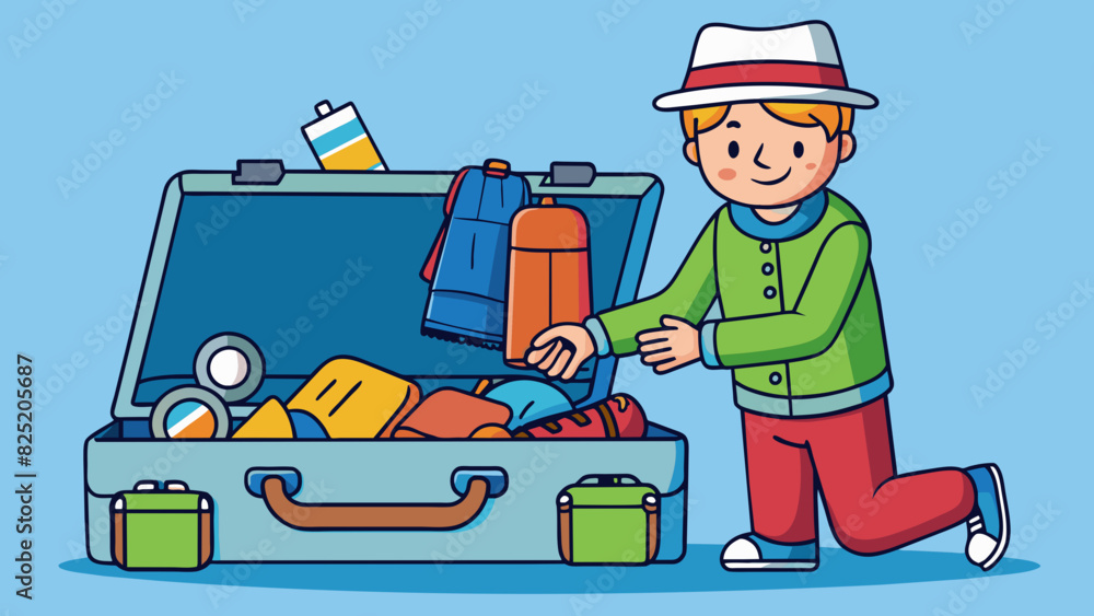 Poster a traveler packing for a trip and organizing all their clothes into a suitcase.. cartoon vector.