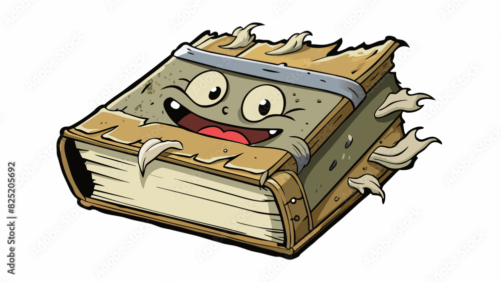 Poster A torn weathered book with dogeared pages and a musty smell hidden away in a neglected attic.. Cartoon Vector.
