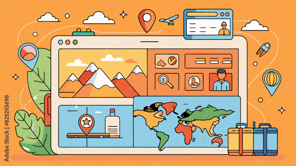 Poster A travel planning website with a warm and inviting color scheme featuring breathtaking images of different destinations around the world. The website. Cartoon Vector.