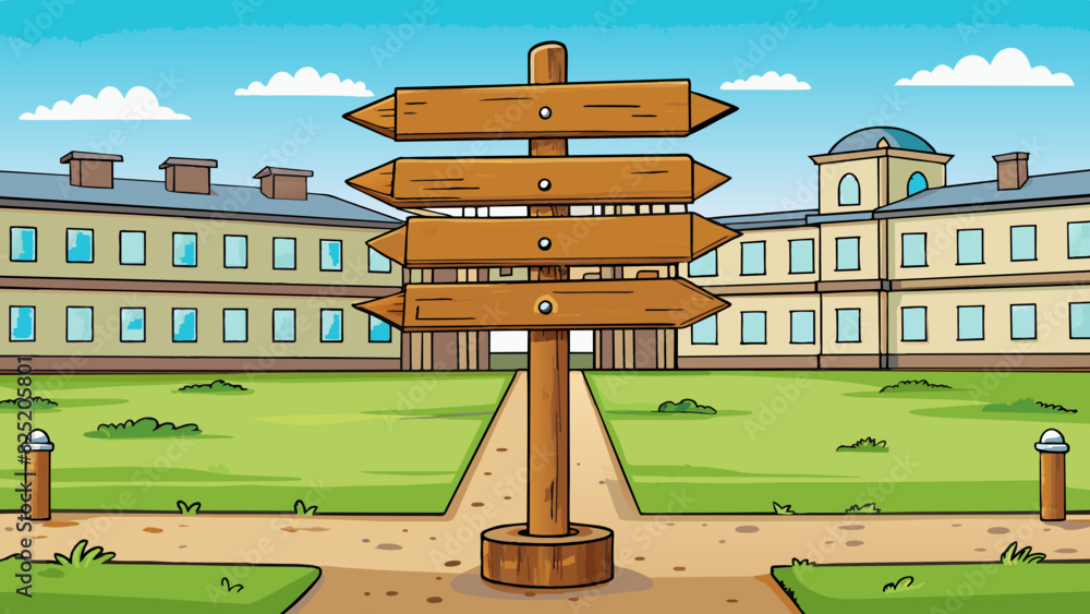 Poster At the center of the institutions courtyard stood a large wooden signpost with arrows pointing in different directions. Each arrow was labeled with a. Cartoon Vector.